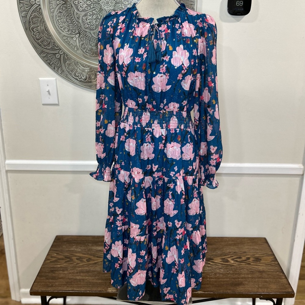 Jade - Melody Tam Blue Midi Dress with Pink Flowers - Gold Accents Size M - Picture 1 of 10